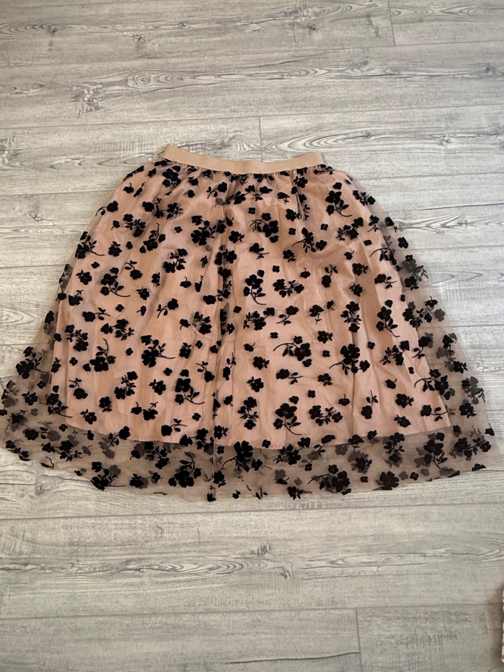 Floral Mesh A-Line Skirt in Blush with Black Appliqué